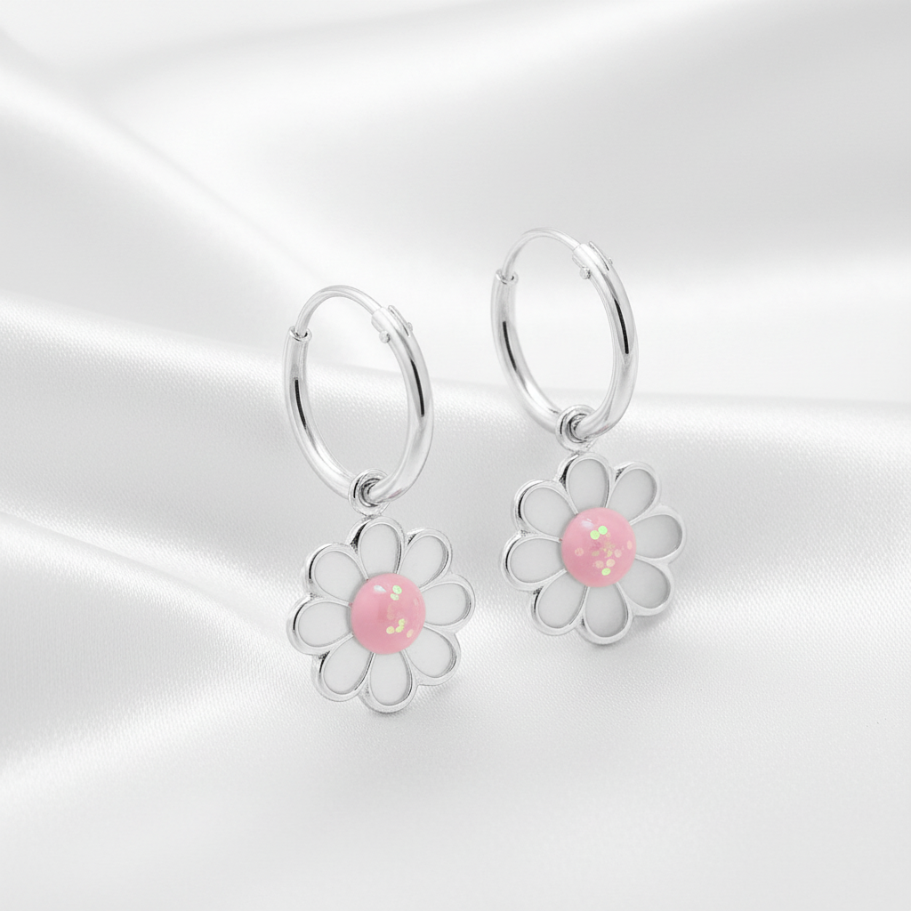 925 Sterling Silver Hoop Earrings - Hanging Daisy Flower - Epoxy - Children's