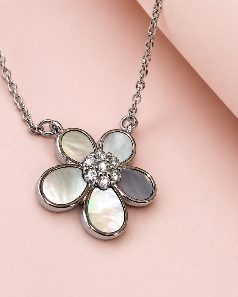 Five Petal Flower Pendant Necklace - 925 Sterling Silver - Iridescent Shell Inlay