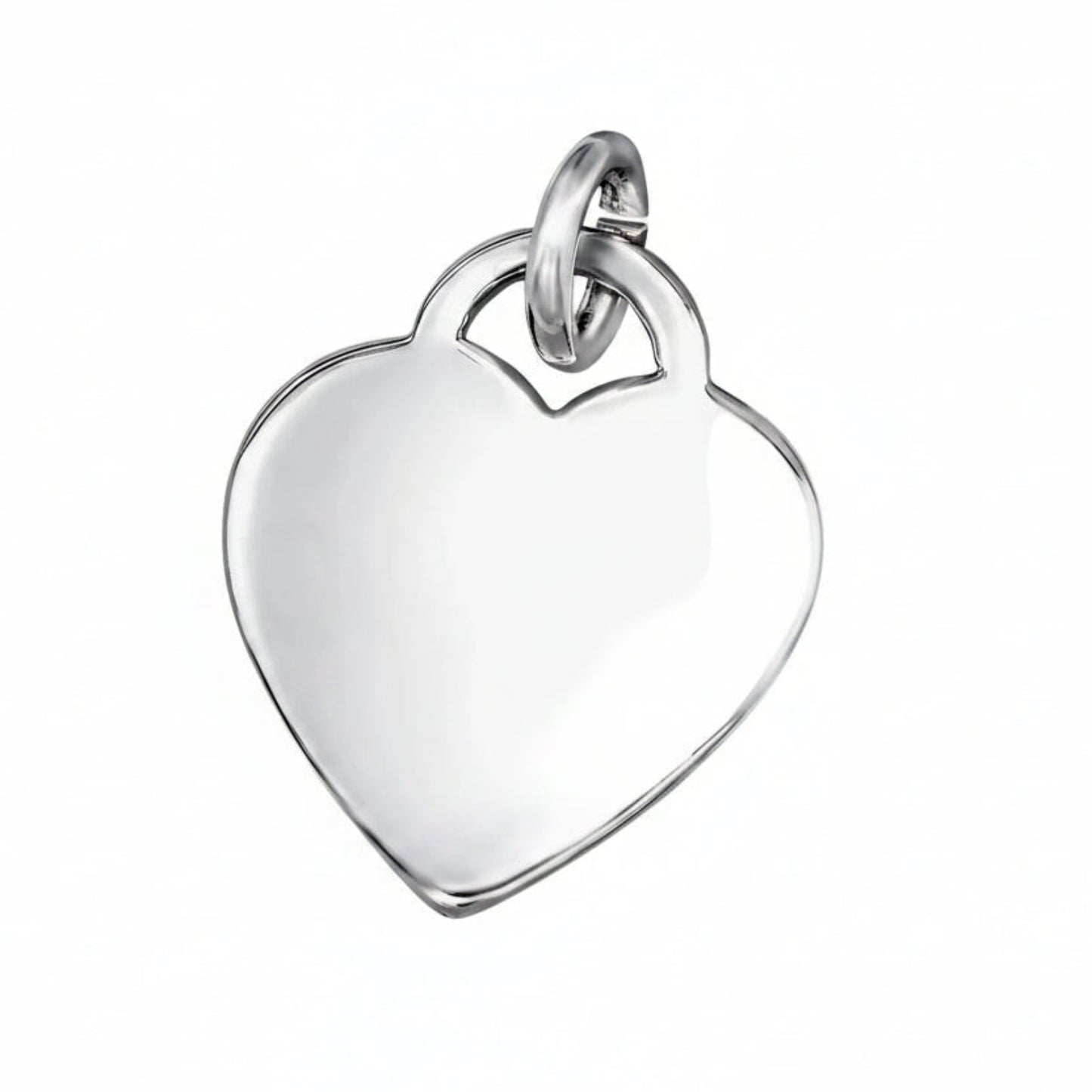 Silver heart-shaped pendant with 'Rhodium Plated' text on a white background