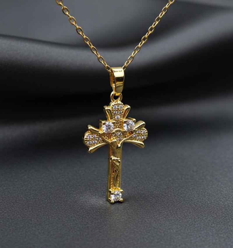 Gold Plated Cross Pendant - Stainless Steel Inlay with Zircon Stone