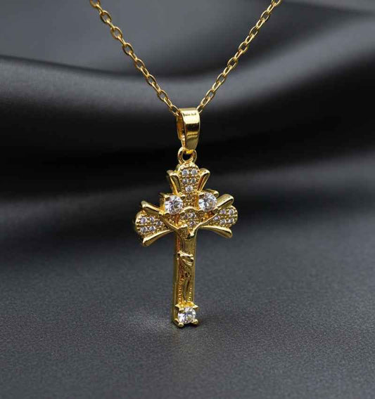 Gold Plated Cross Pendant - Stainless Steel Inlay with Zircon Stone