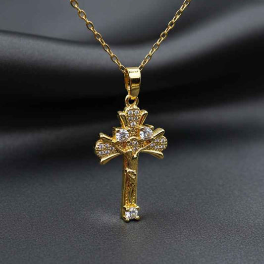 Gold Plated Cross Pendant - Stainless Steel Inlay with Zircon Stone