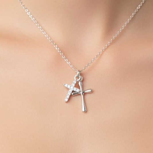 Rhodium Plated Sterling Silver CZ Two Cross Necklace
