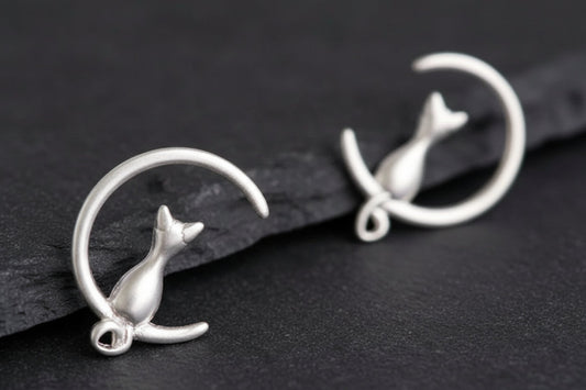 925 Sterling Silver Moon Cat Ear Studs - Celestial Feline Earrings - Minimalist