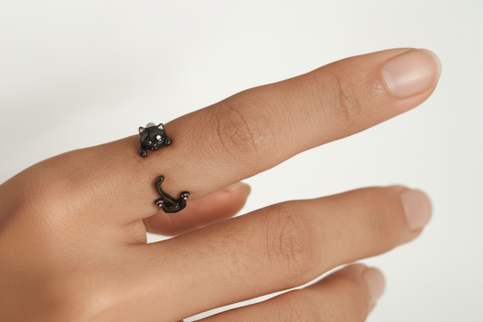Black Gold Plated 925 Sterling Silver Cat Open Ring