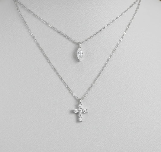 925 Sterling Silver Double Layer Cross Pendant - Marquise Zircon White Gold Plated