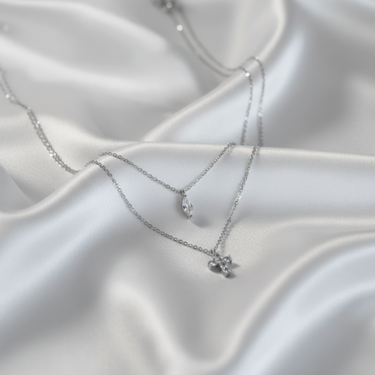 925 Sterling Silver Double Layer Cross Pendant - Marquise Zircon White Gold Plated