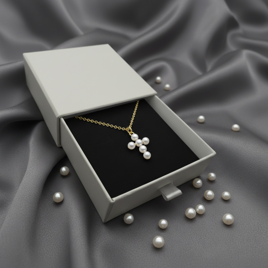Pearl cross necklace - open drawer box with pearls