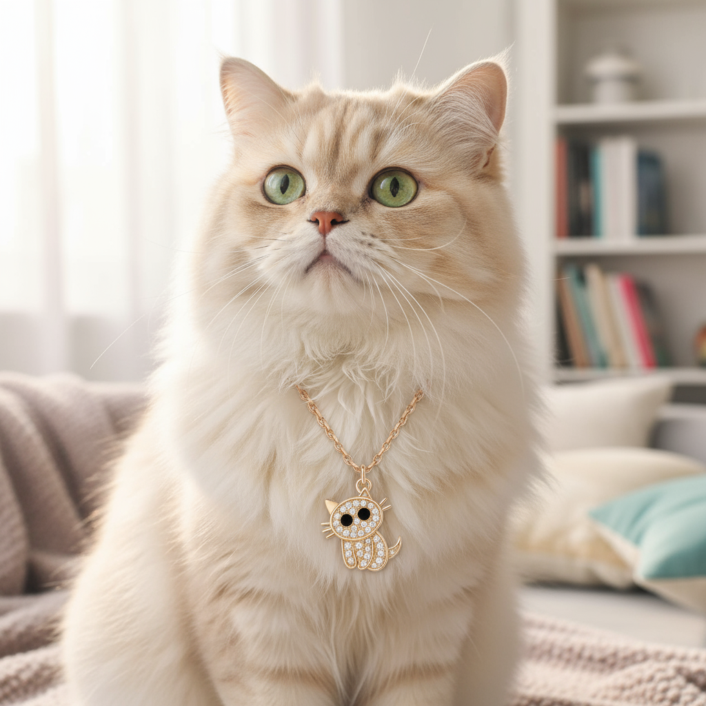 Cat wearing rose gold pendant necklace