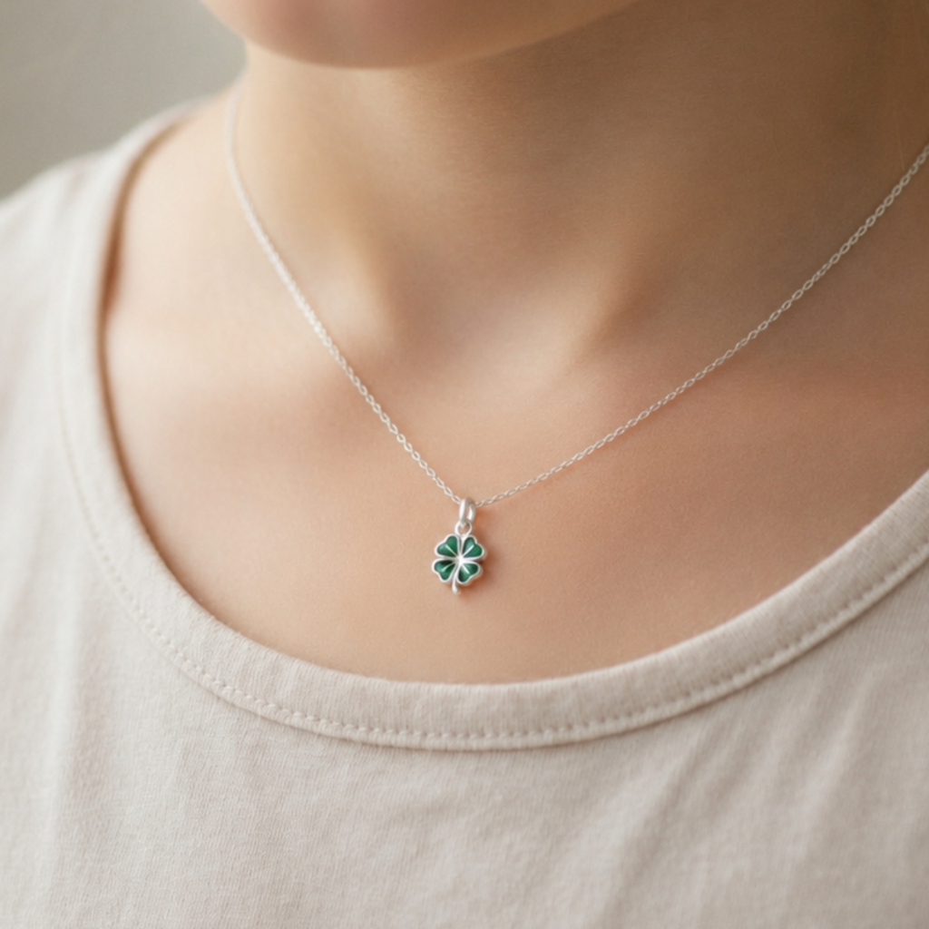 A close-up of a child wearing a delicate silver chain necklace with a small green clover pendant, paired with a light beige t-shirt.