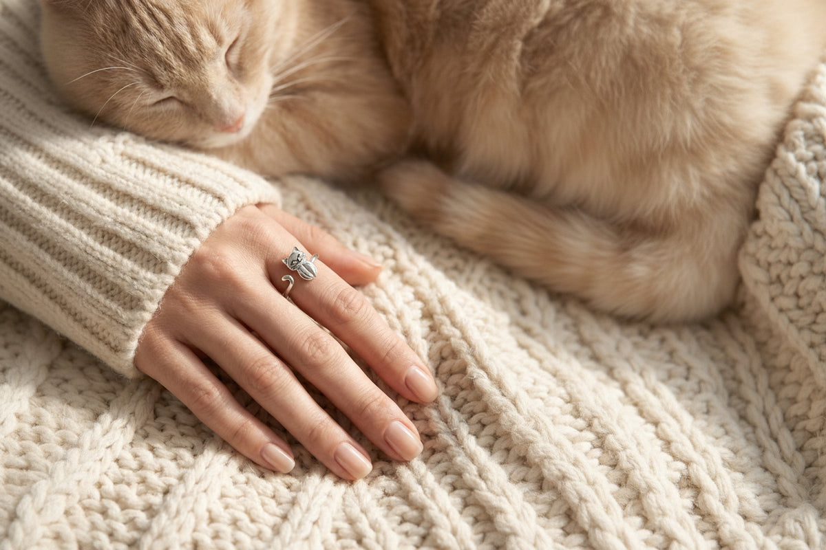 Cat Open Wrap Ring - Adjustable - 925 Sterling Silver - Jewel Radiance