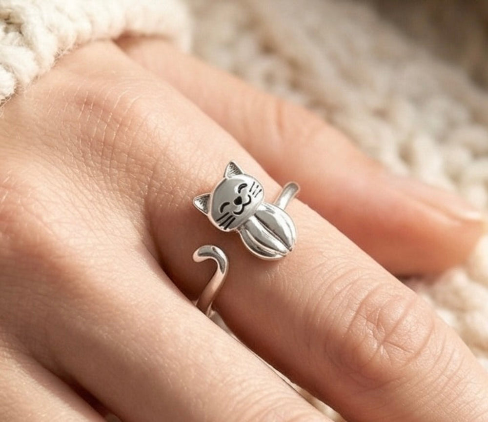 Cat Open Wrap Ring - Adjustable - 925 Sterling Silver - Jewel Radiance