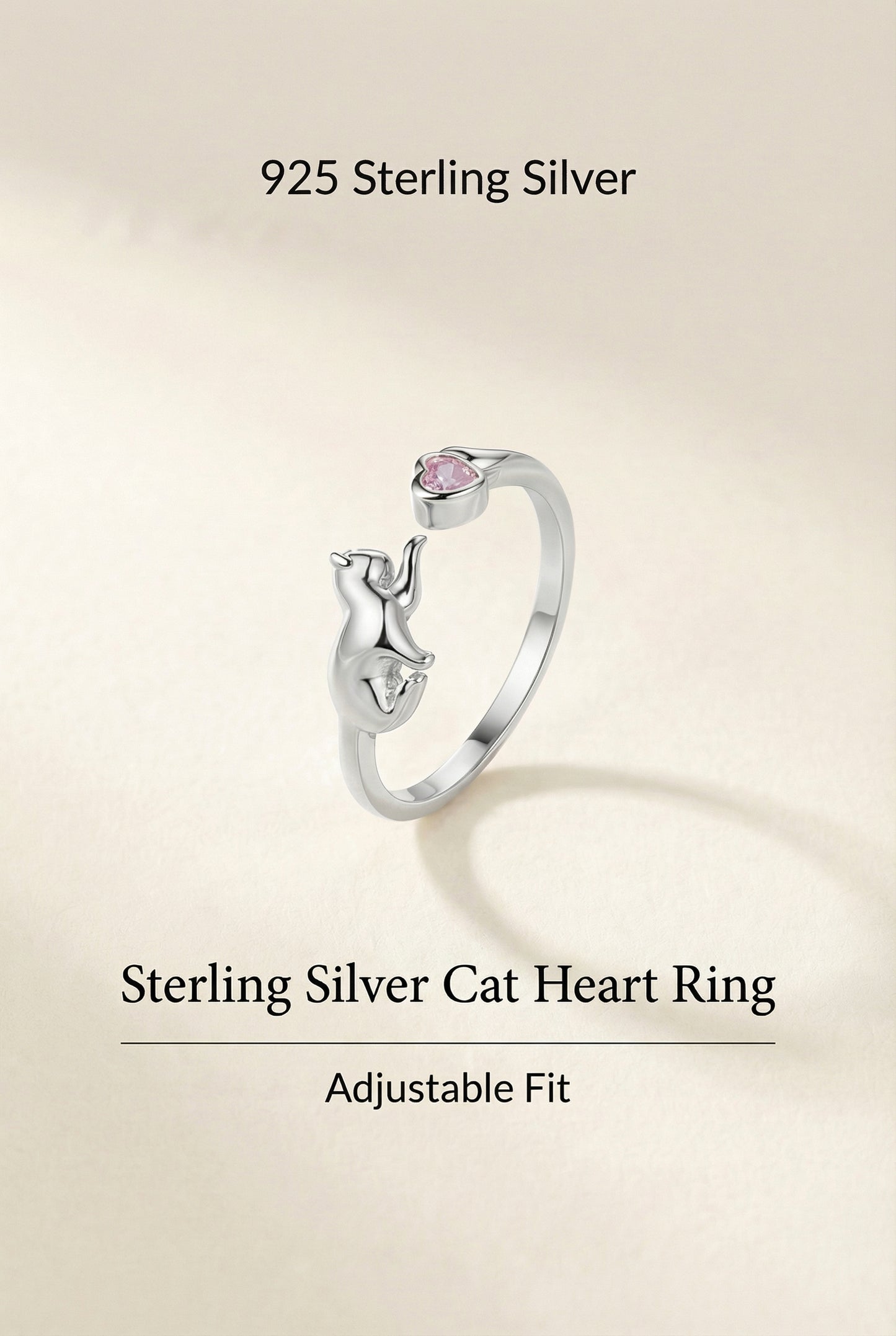 Sterling Silver Cat Ring with Pink Heart Zircon – Adjustable
