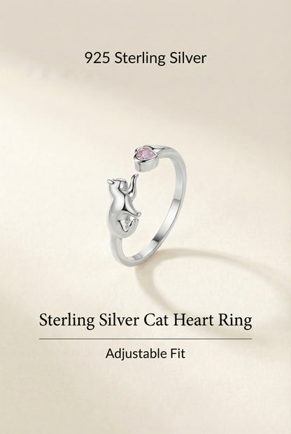 Sterling Silver Cat Ring with Pink Heart Zircon – Adjustable