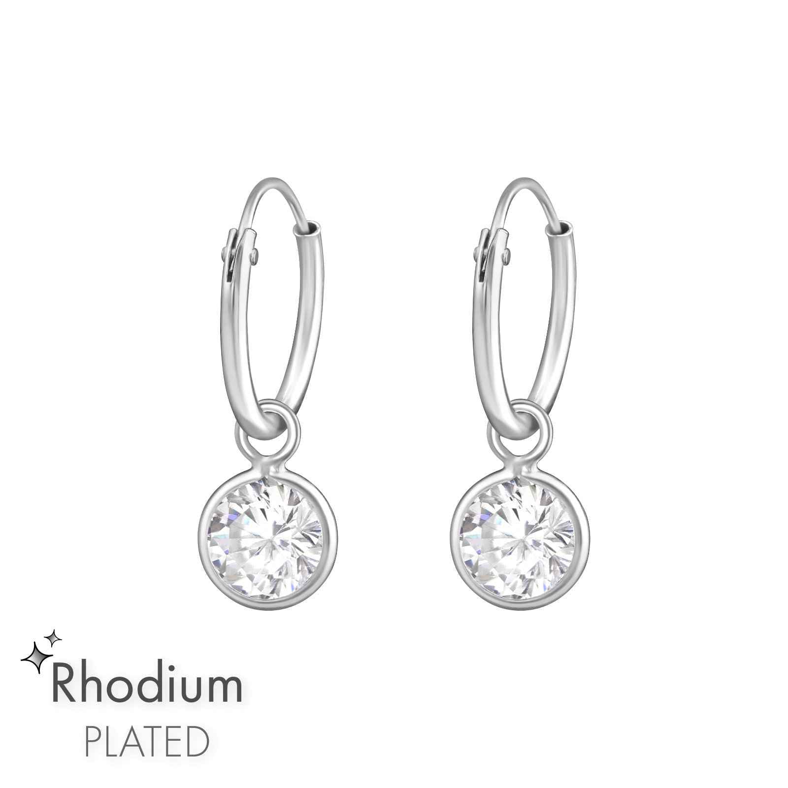 925 Sterling Silver CZ Hoop Earrings - Cubic Zirconia Drop - Rhodium Plated