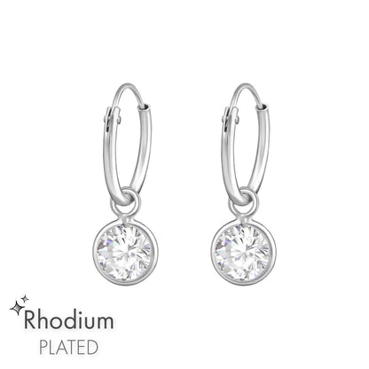 925 Sterling Silver CZ Hoop Earrings - Cubic Zirconia Drop - Rhodium Plated