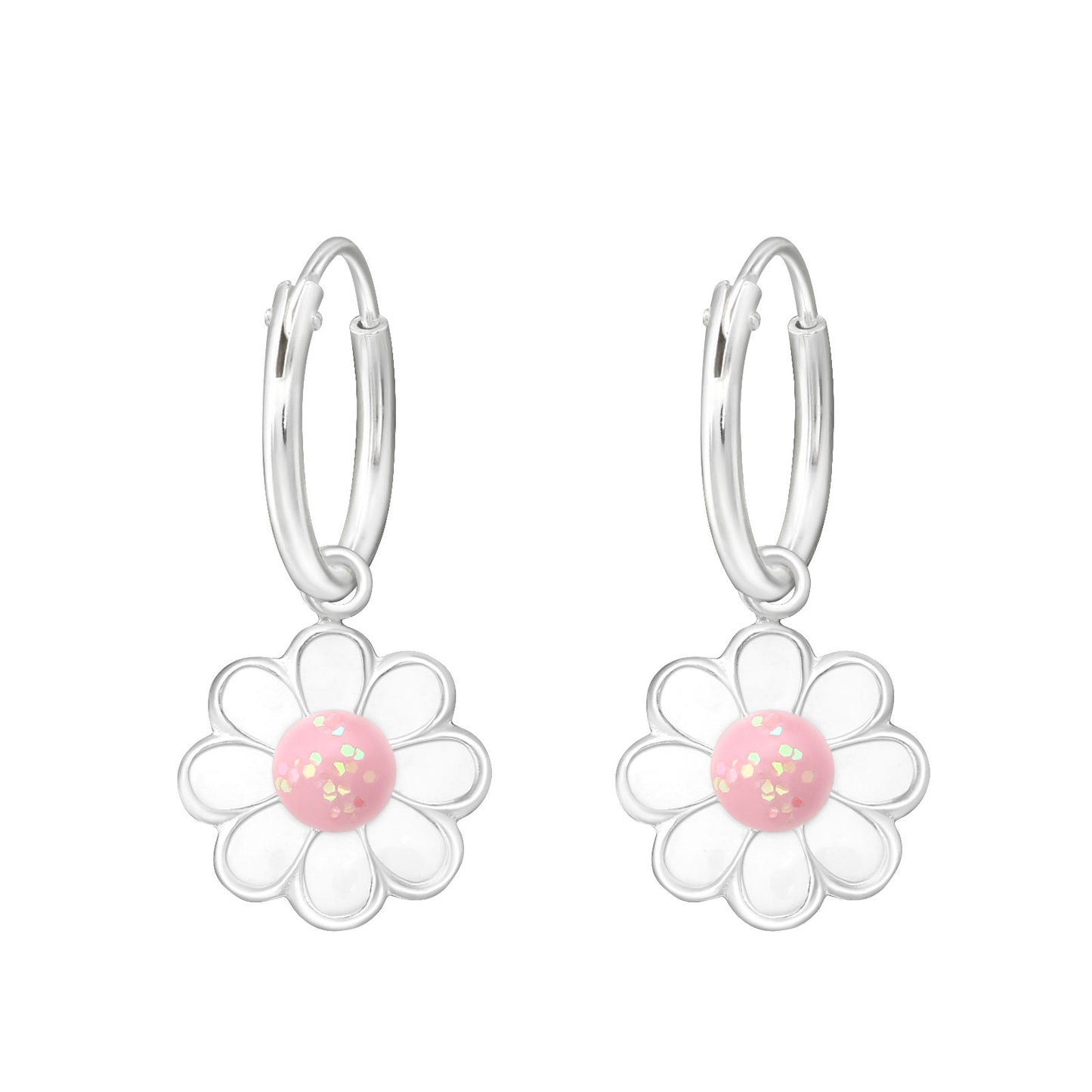 925 Sterling Silver Hoop Earrings - Hanging Daisy Flower - Epoxy - Children's