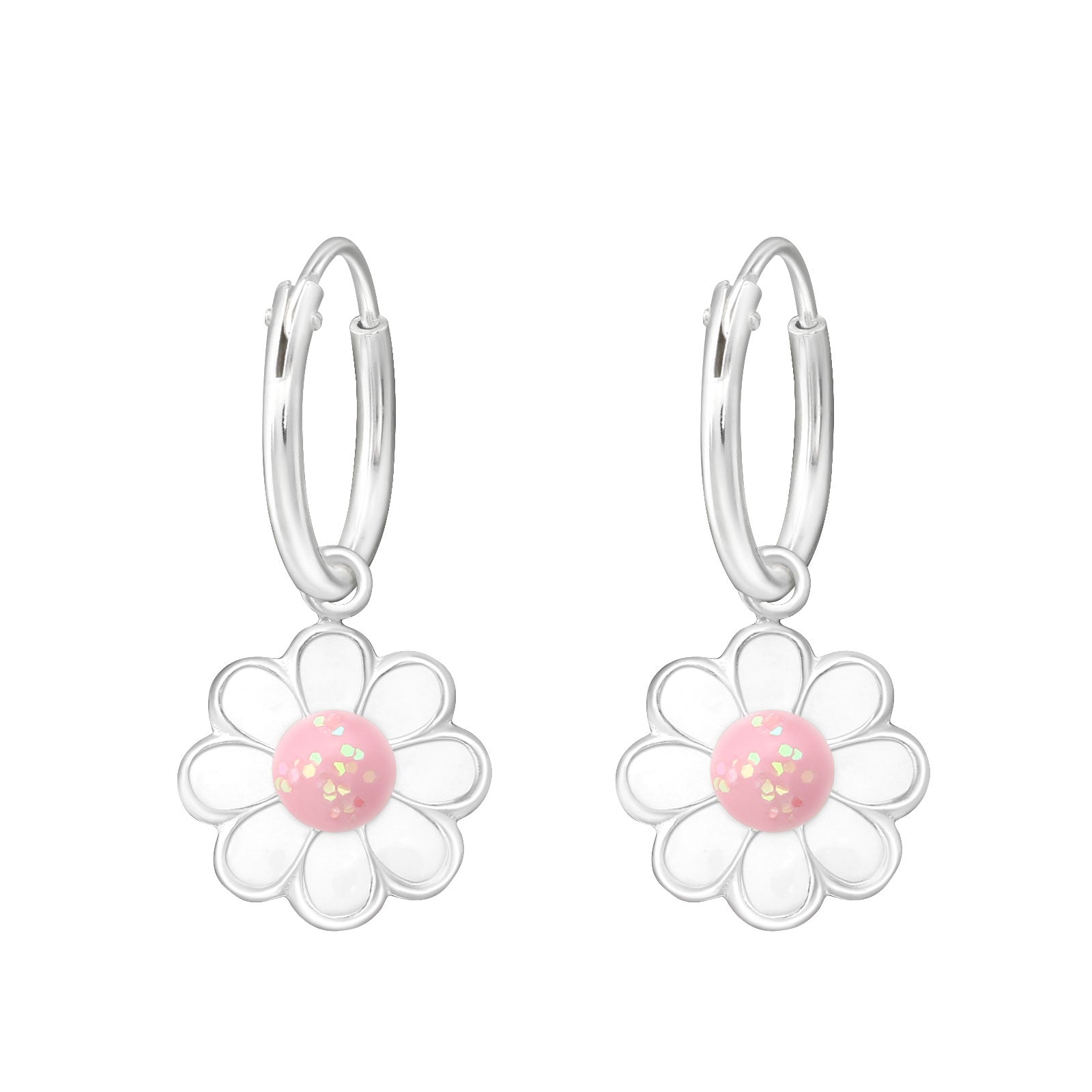 925 Sterling Silver Hoop Earrings - Hanging Daisy Flower - Epoxy - Children's