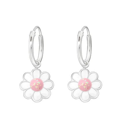 925 Sterling Silver Hoop Earrings - Hanging Daisy Flower - Epoxy - Children's