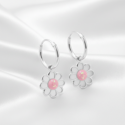 925 Sterling Silver Hoop Earrings - Hanging Daisy Flower - Epoxy - Children's