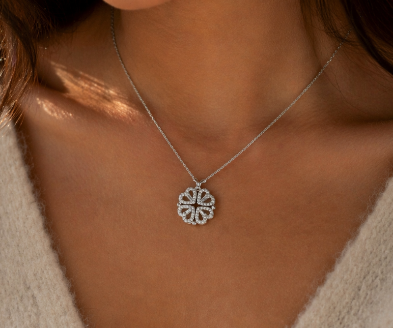 Close-up of a person wearing a silver necklace with a circular pendant.