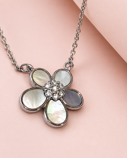 Five Petal Flower Pendant Necklace - 925 Sterling Silver - Iridescent Shell Inlay