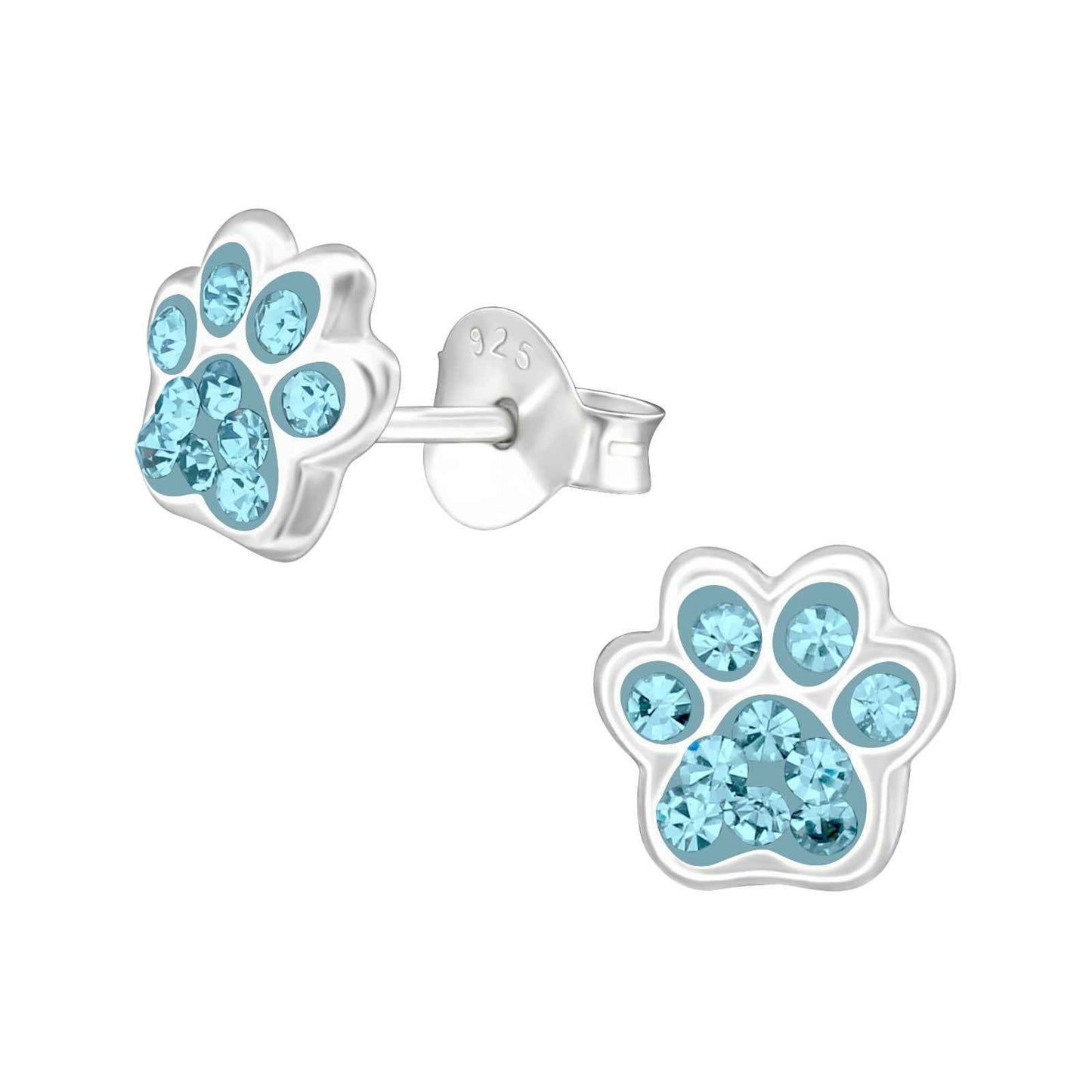 925 Sterling Silver Paw Print Stud Earrings - Crystal - Children's