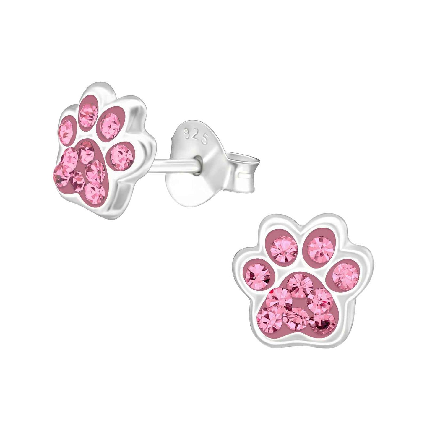 925 Sterling Silver Paw Print Stud Earrings - Crystal - Children's