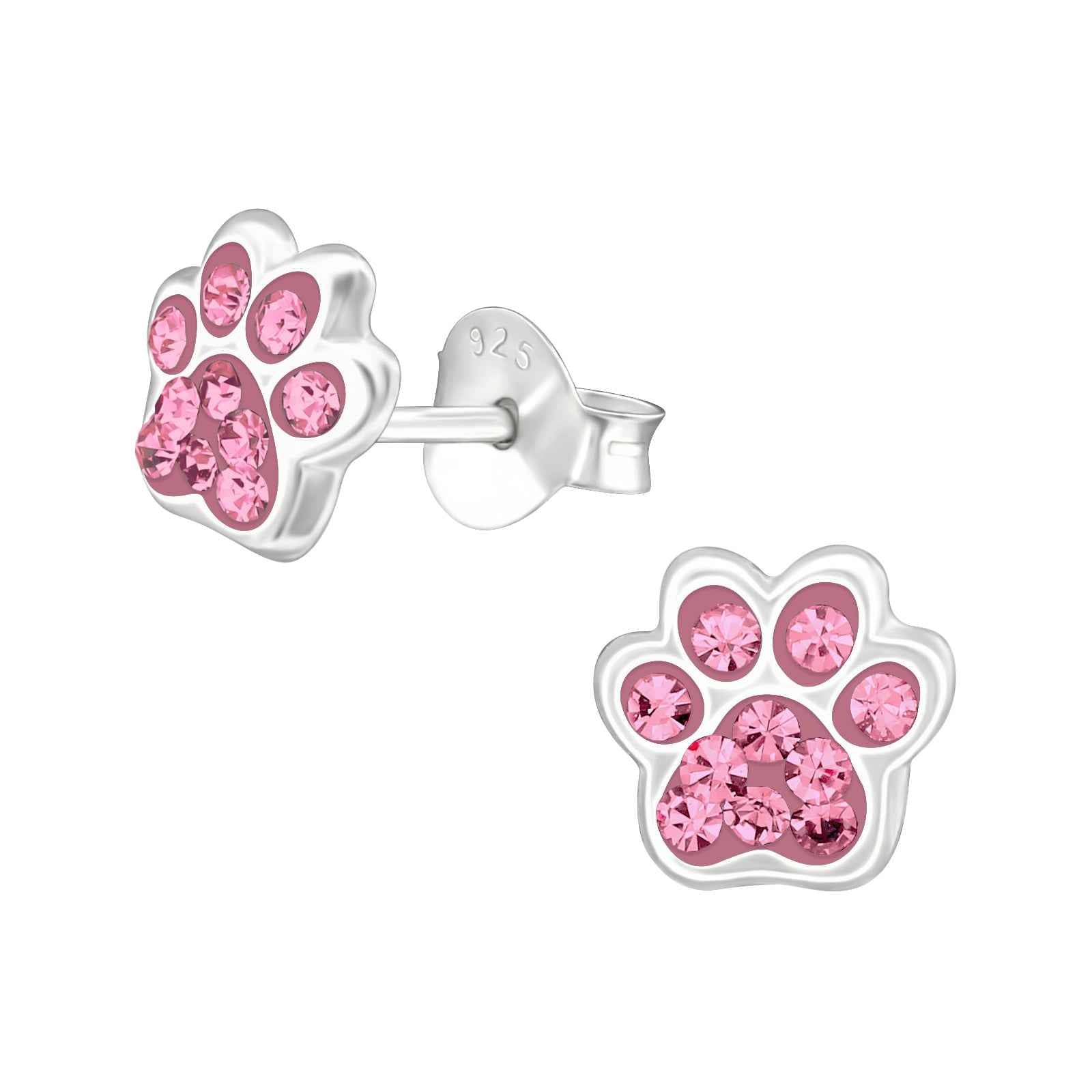 925 Sterling Silver Paw Print Stud Earrings - Crystal - Children's