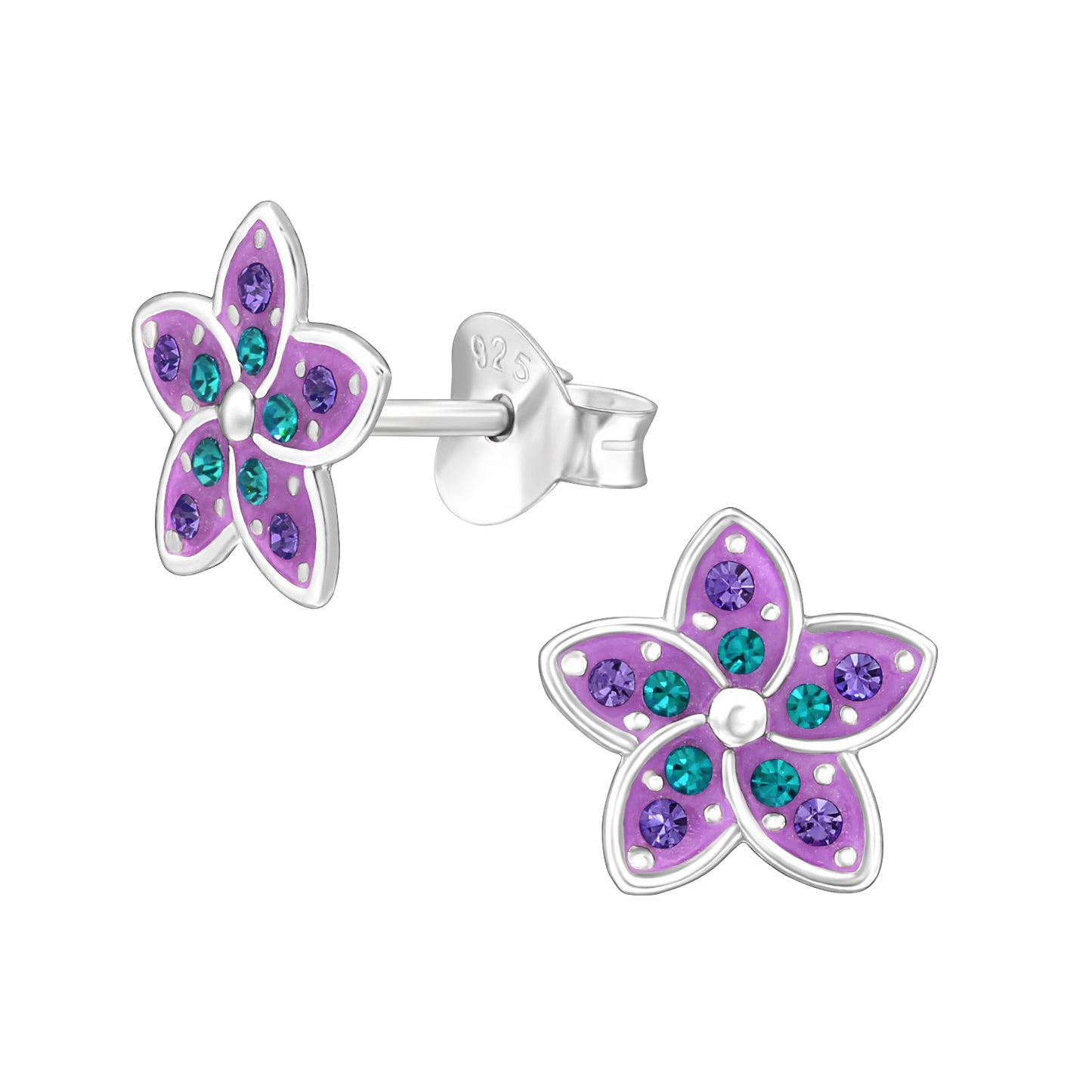 925 Sterling Silver Flower Stud Earrings - Crystal & Epoxy - Children's
