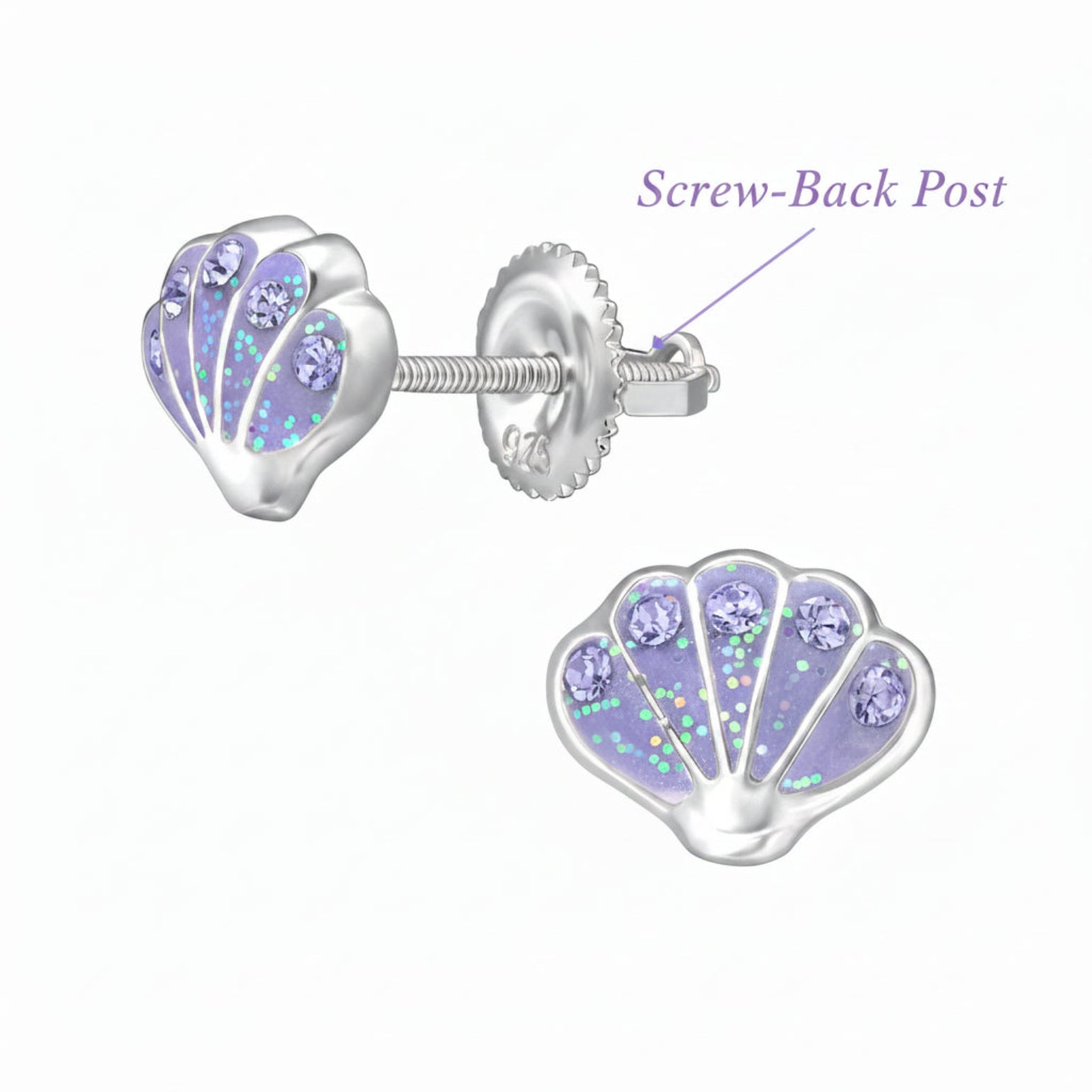 Shell-shaped earrings with purple opal-like stones on a white background, rhodium-plated.