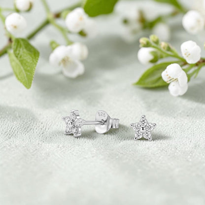 A pair of silver star-shaped stud earrings with clear gemstones, displayed on a textured light green surface with white flowers and green leaves in the background.