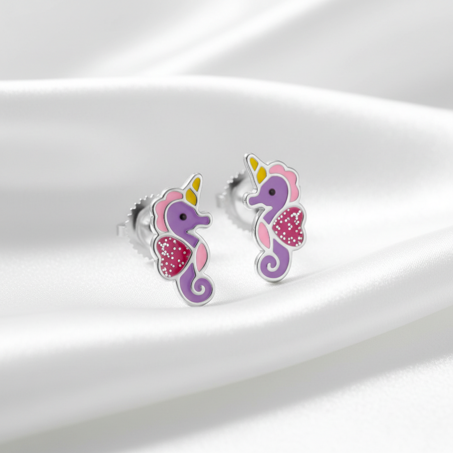 925 Sterling Silver Seahorse Stud Earrings - Epoxy - Children's