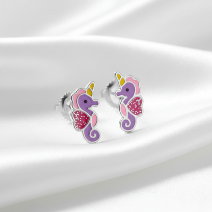 925 Sterling Silver Seahorse Stud Earrings - Epoxy - Children's