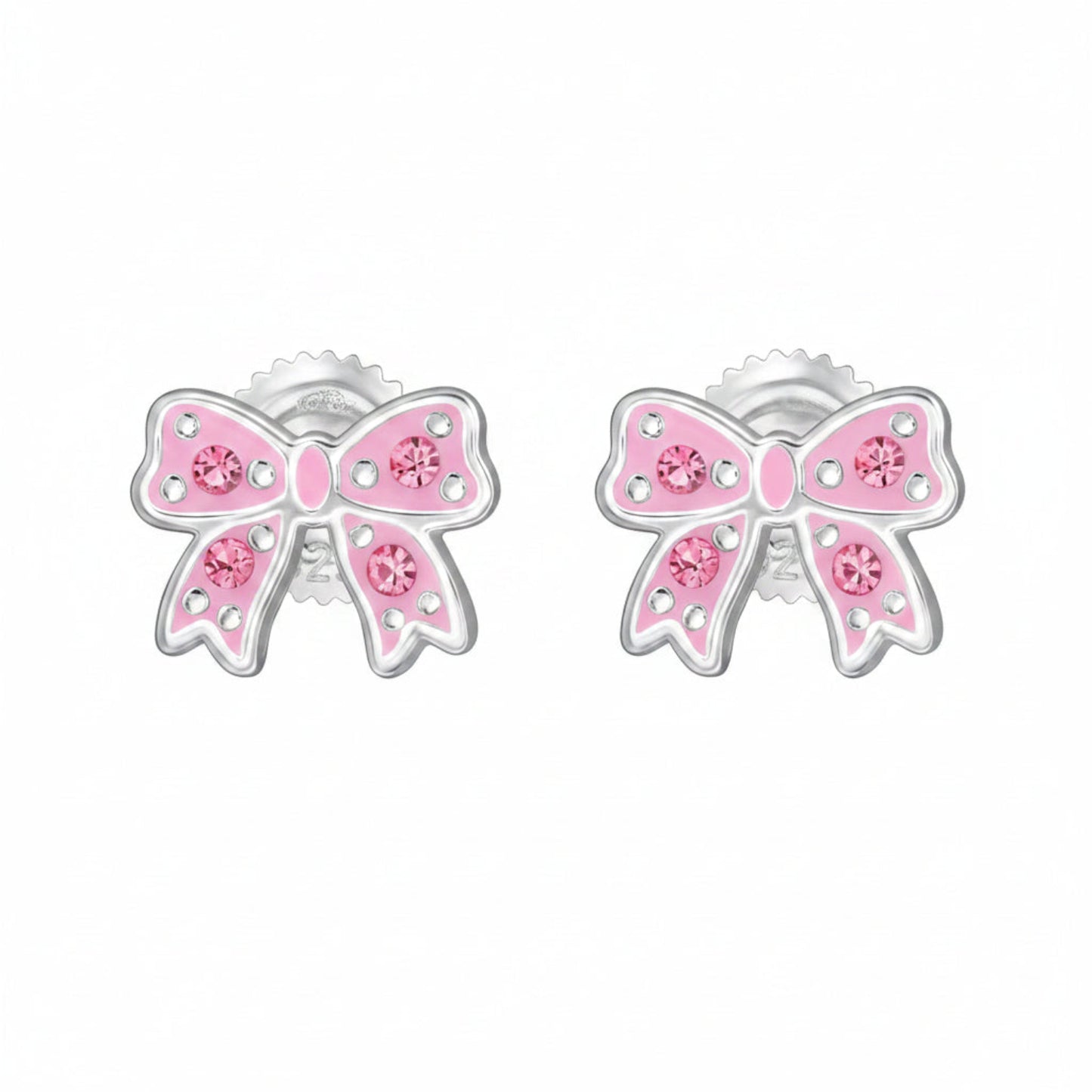 Pink bow-shaped earrings with rhodium plating on a white background