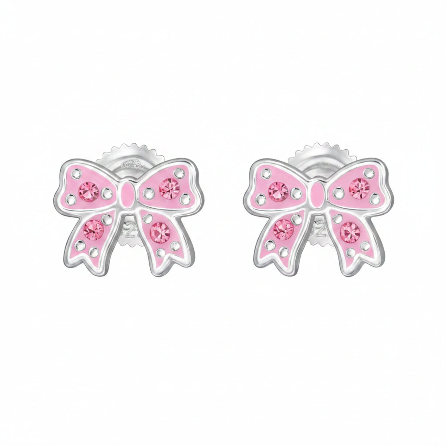 Pink bow-shaped earrings with rhodium plating on a white background