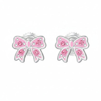 Pink bow-shaped earrings with rhodium plating on a white background