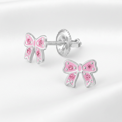 925 Sterling Silver Bow Stud Earrings - Pink Crystal & Epoxy - Children's