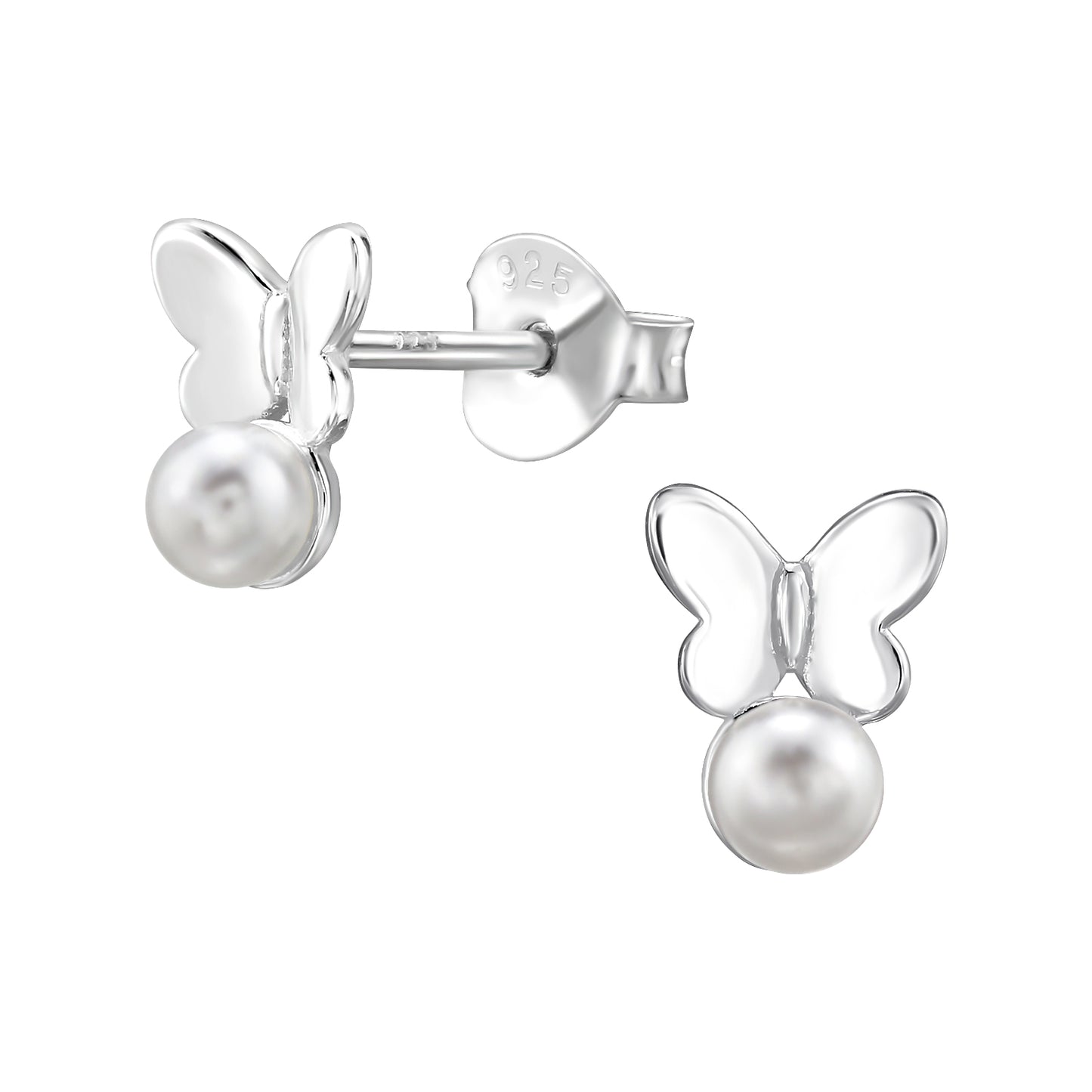 Butterfly-shaped earrings with pearl centers on a white background