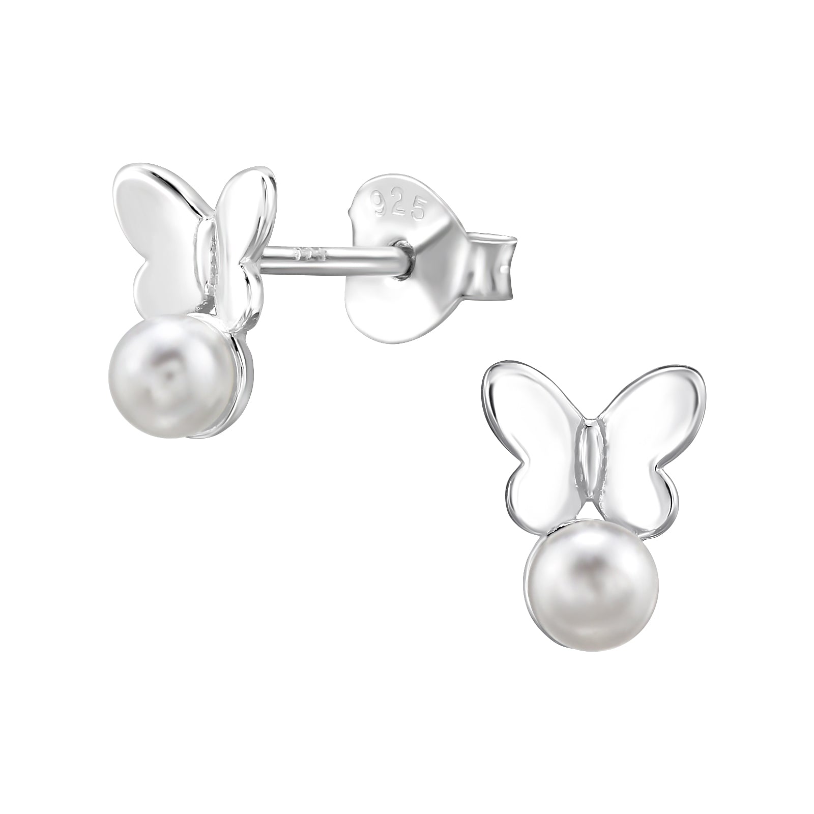 Butterfly-shaped earrings with pearl centers on a white background