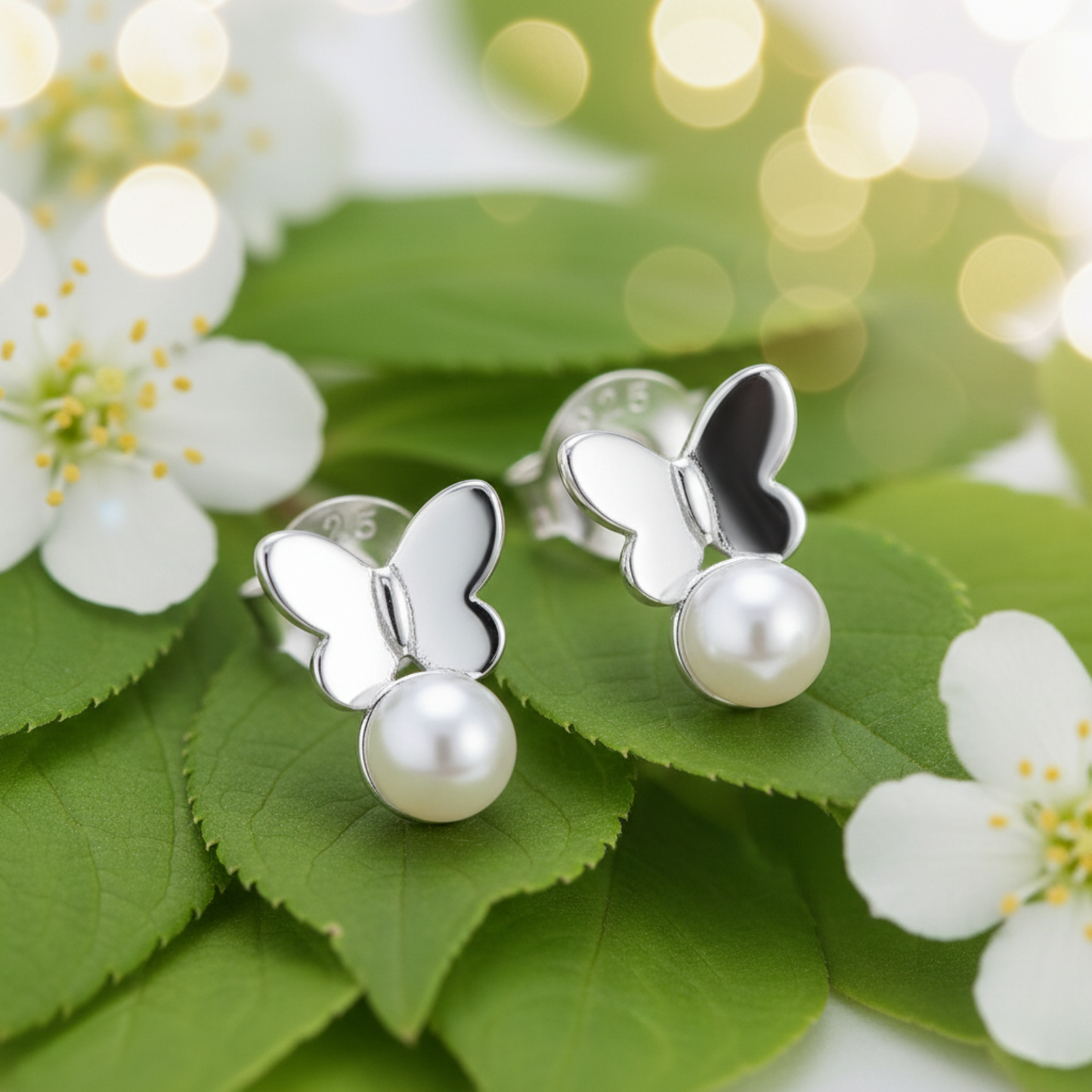 A pair of silver butterfly stud earrings with white pearl drops, displayed on green leaves with white blossoms and soft golden bokeh lights in the background.