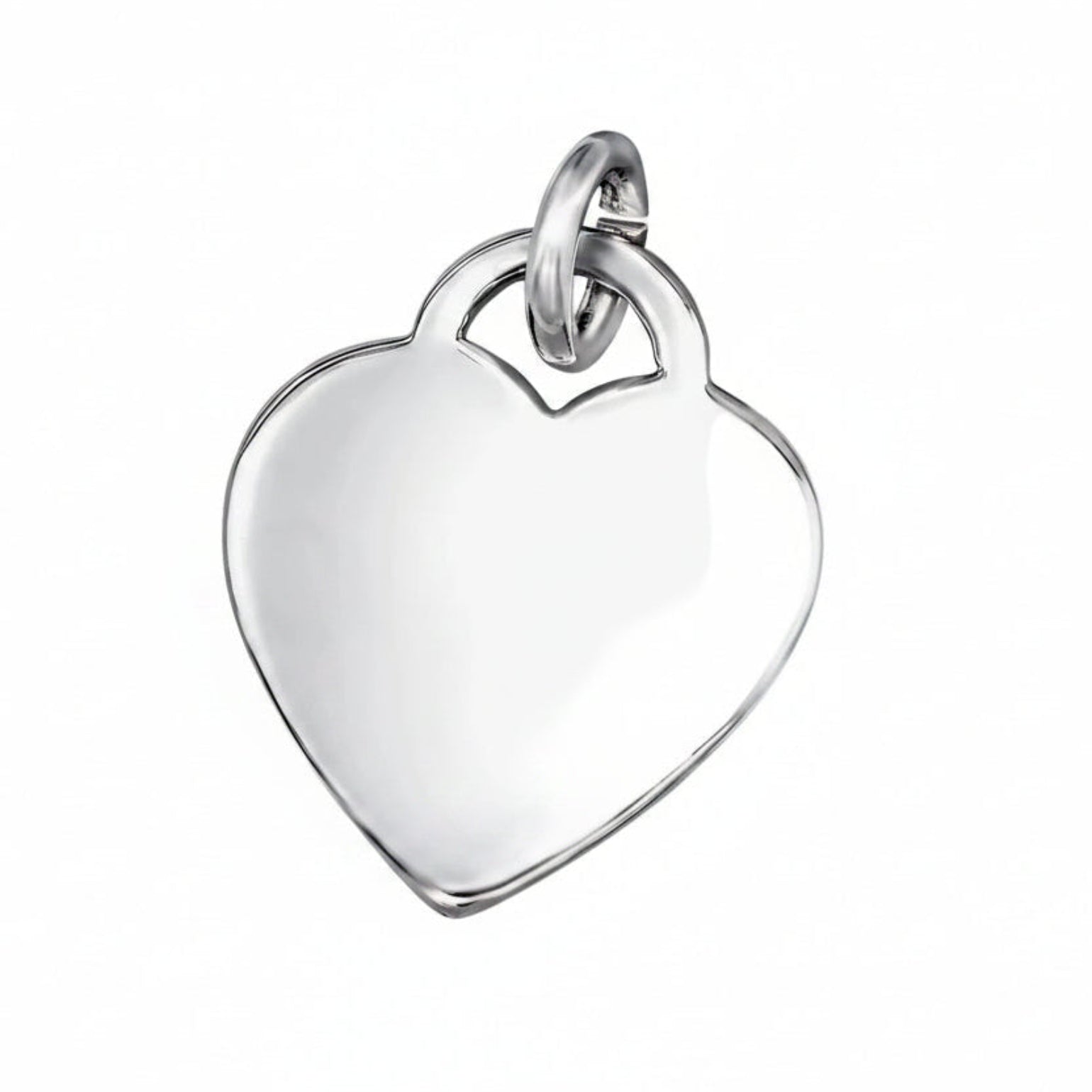 Silver heart-shaped pendant with 'Rhodium Plated' text on a white background