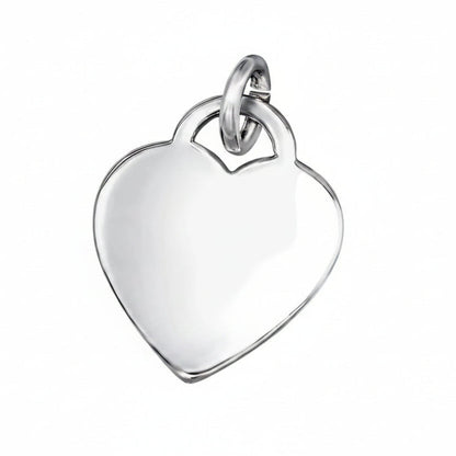 Silver heart-shaped pendant with 'Rhodium Plated' text on a white background