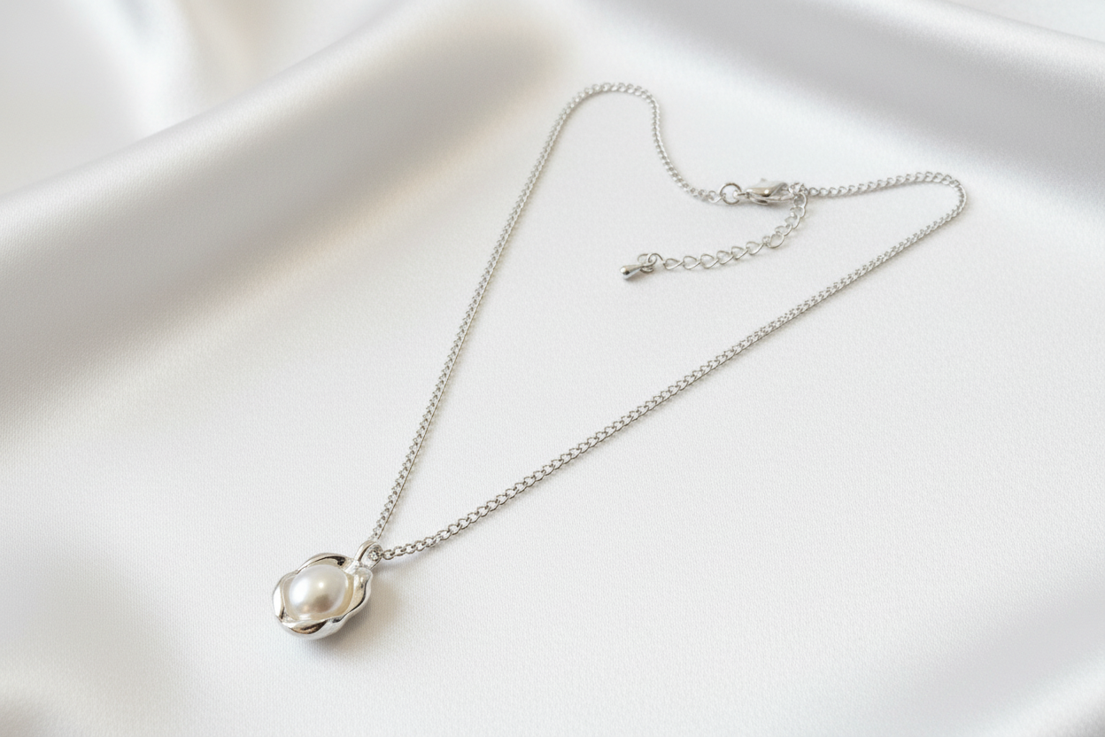 Silver necklace with a pearl pendant on a white background