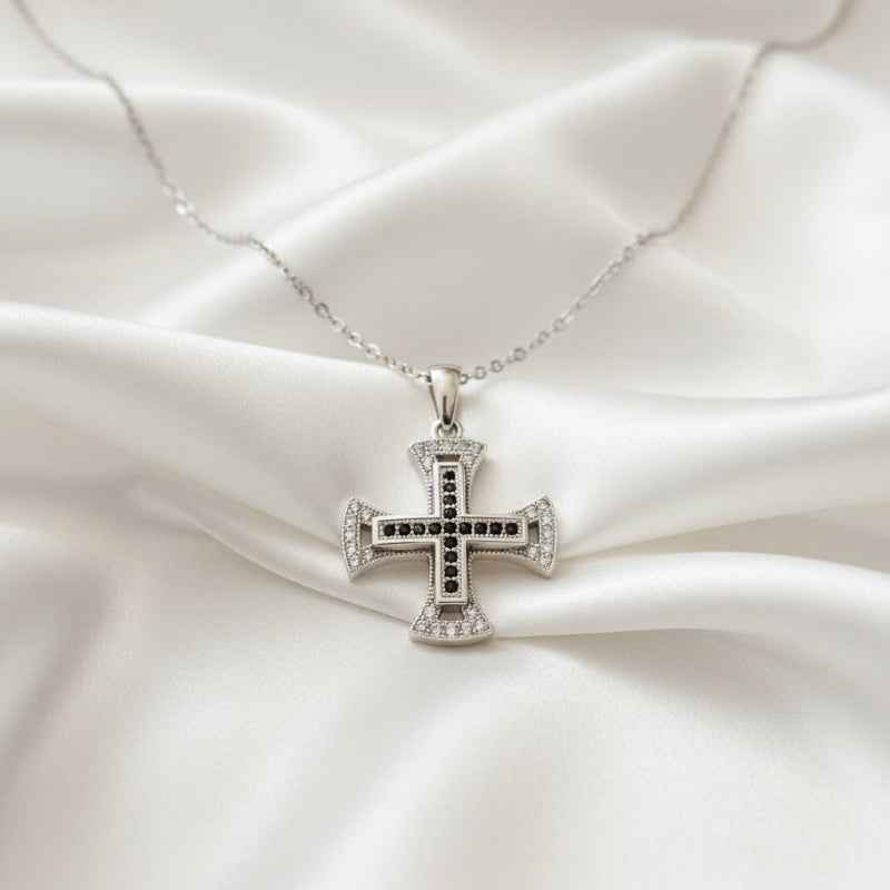925 Sterling Silver Maltese Cross Pendant - Black & White CZ