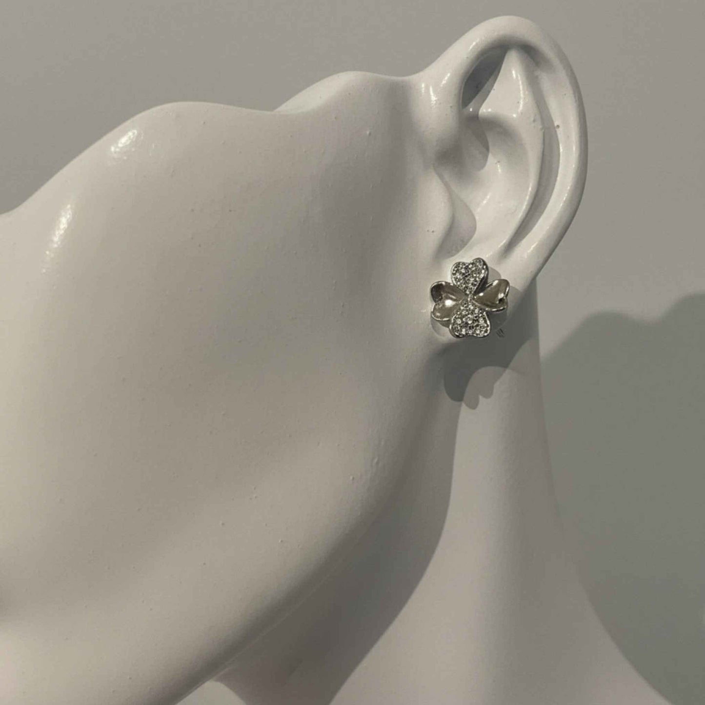 925 Sterling Silver Four-Leaf Clover CZ Stud Earrings - Rhodium Plated