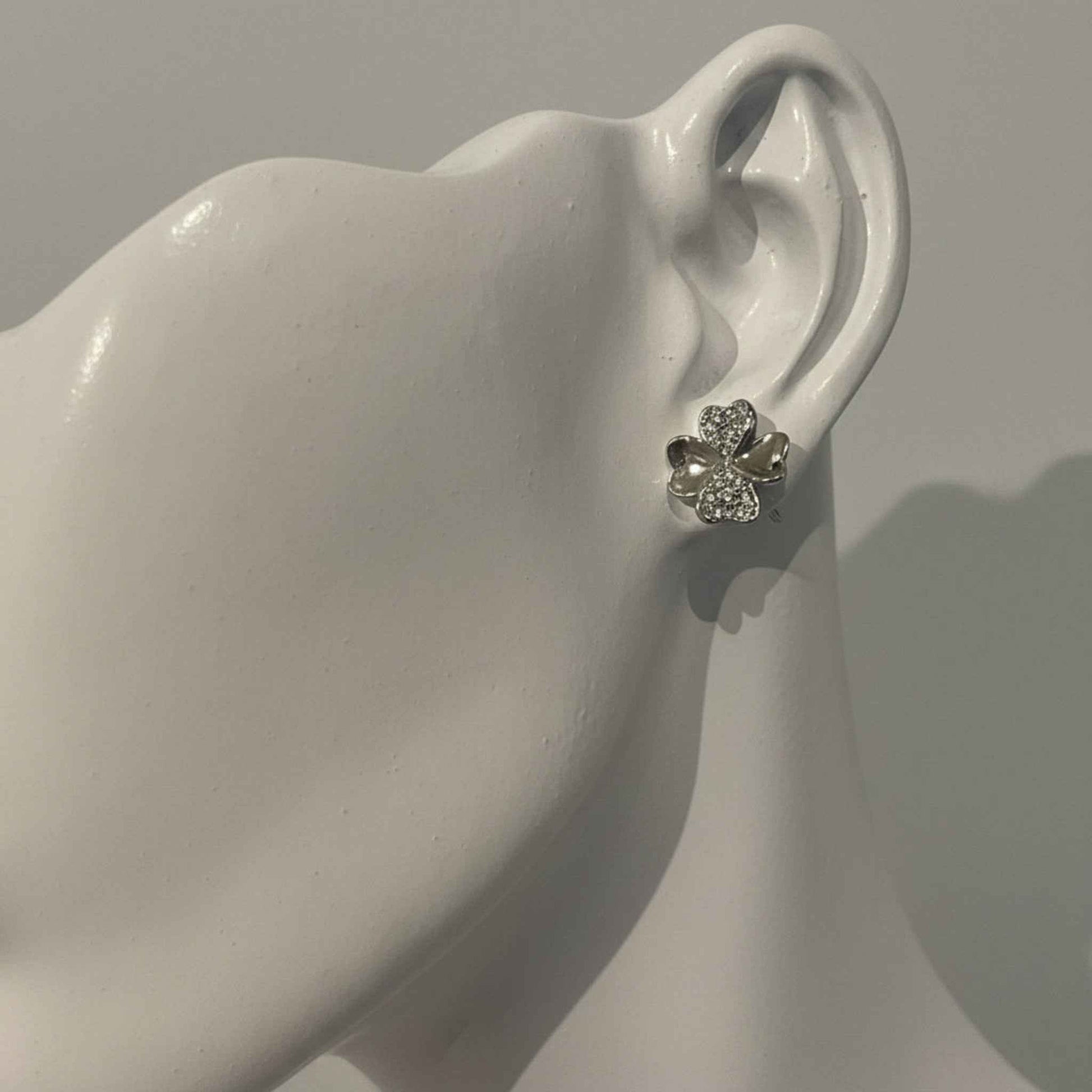 925 Sterling Silver Four-Leaf Clover CZ Stud Earrings - Rhodium Plated