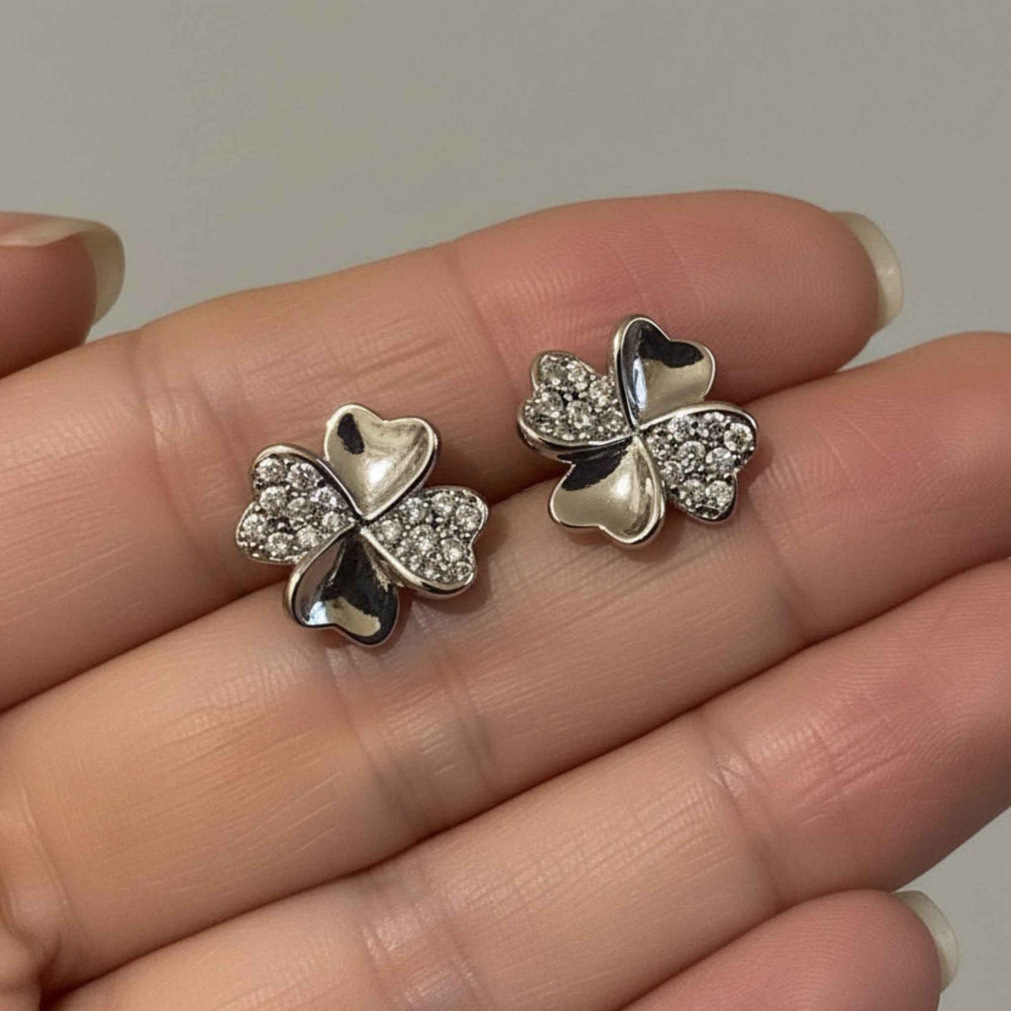 925 Sterling Silver Four-Leaf Clover CZ Stud Earrings - Rhodium Plated