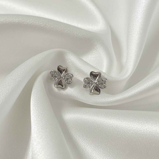 925 Sterling Silver Four-Leaf Clover CZ Stud Earrings - Rhodium Plated