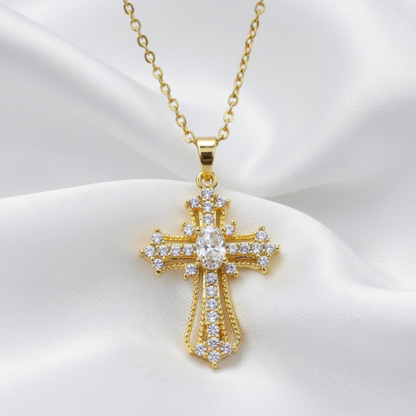 Stainless Steel Cross Pendant - Zircon - Gold Plated